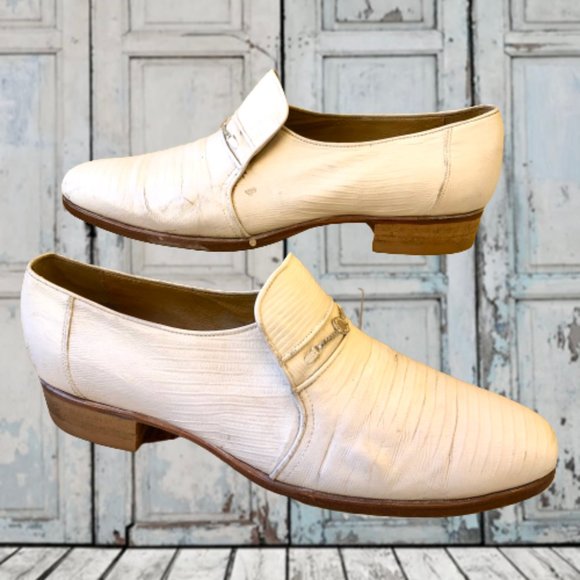 Vintage 80's Mens Dress Loafer White Leather Snake Print Queen French 10.5 ASIS - Picture 2 of 15